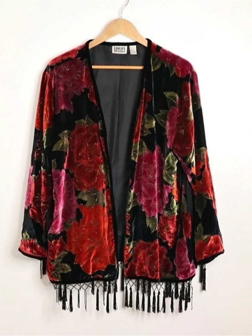 Chico’s Design Floral Velvet Silk Beaded Fringe Kimono Jacket 3